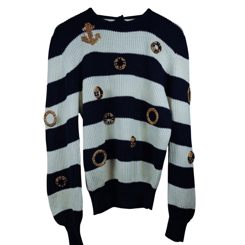Nautical Navy White‎ Striped Knit Sweater Rhinestone Anchor Gold Accents Keyhole